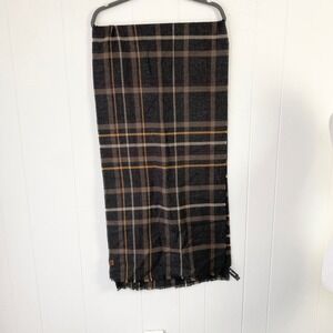 Roots Plaid Scarf Charcoal Grey Brown Yellow Wool Blend Fringe Trim Wrap